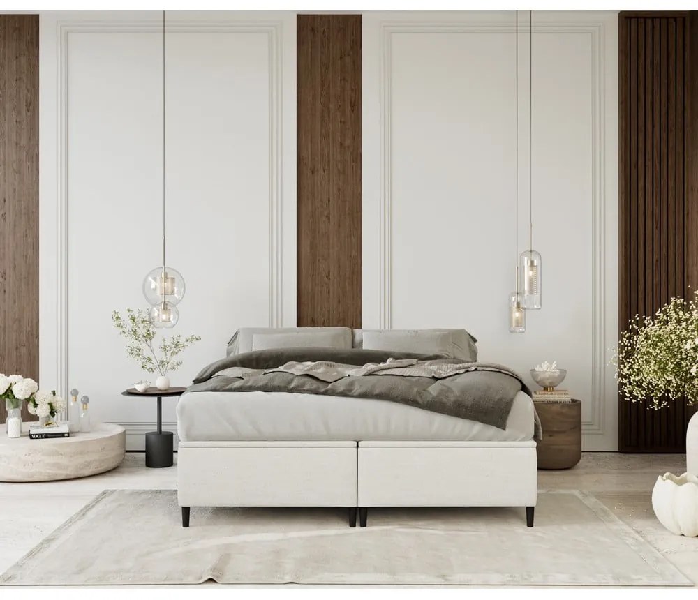 Pat matrimonial crem tapițat cu spațiu de depozitare 200x200 cm Tate – Maison de Rêve