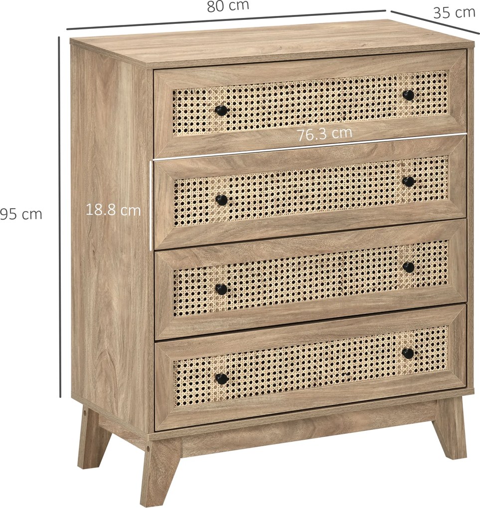 HOMCOM Comodă cu 4 Sertare Stil Boho din Ratan 80x35x95 cm Lemn Natural | Aosom Romania