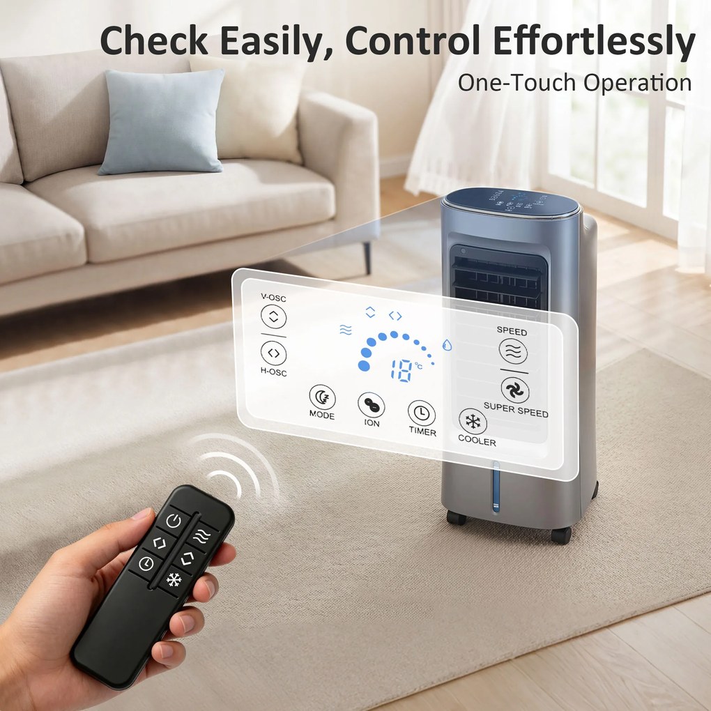 HOMCOM Răcitor de aer mobil 4 în 1 umidificator purificator ventilator, oscilație 90°, 4 viteze, 3 moduri, gri | Aosom Romania