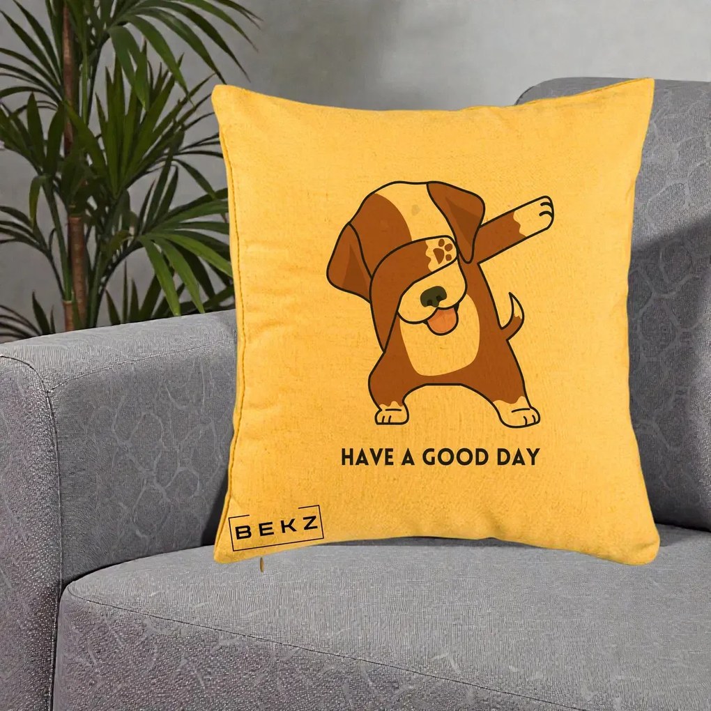 Perna Decorativa Caine Dab Have A Good Day, 40x40 cm, Galben, Husa Detasabila, Perna Inclusa, BEKZ®