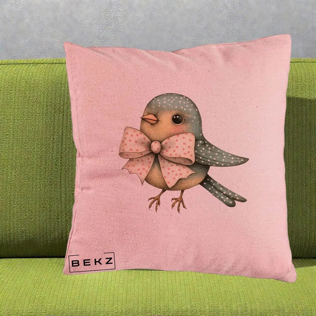 Perna Decorativa Pasare Teal cu Fundita cu Buline, 40x40 cm, Roz, Husa Detasabila, Perna Inclusa, BEKZ®