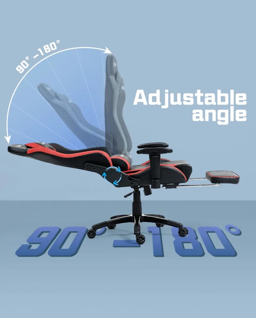 DOWINX Scaun gaming, ergonomic, suport lombar cu masaj, spătar rabatabil 90-180°, cotiere reglabile, suport pentru picioare, rezistent 150 kg, piele PU, Negru/Rosu