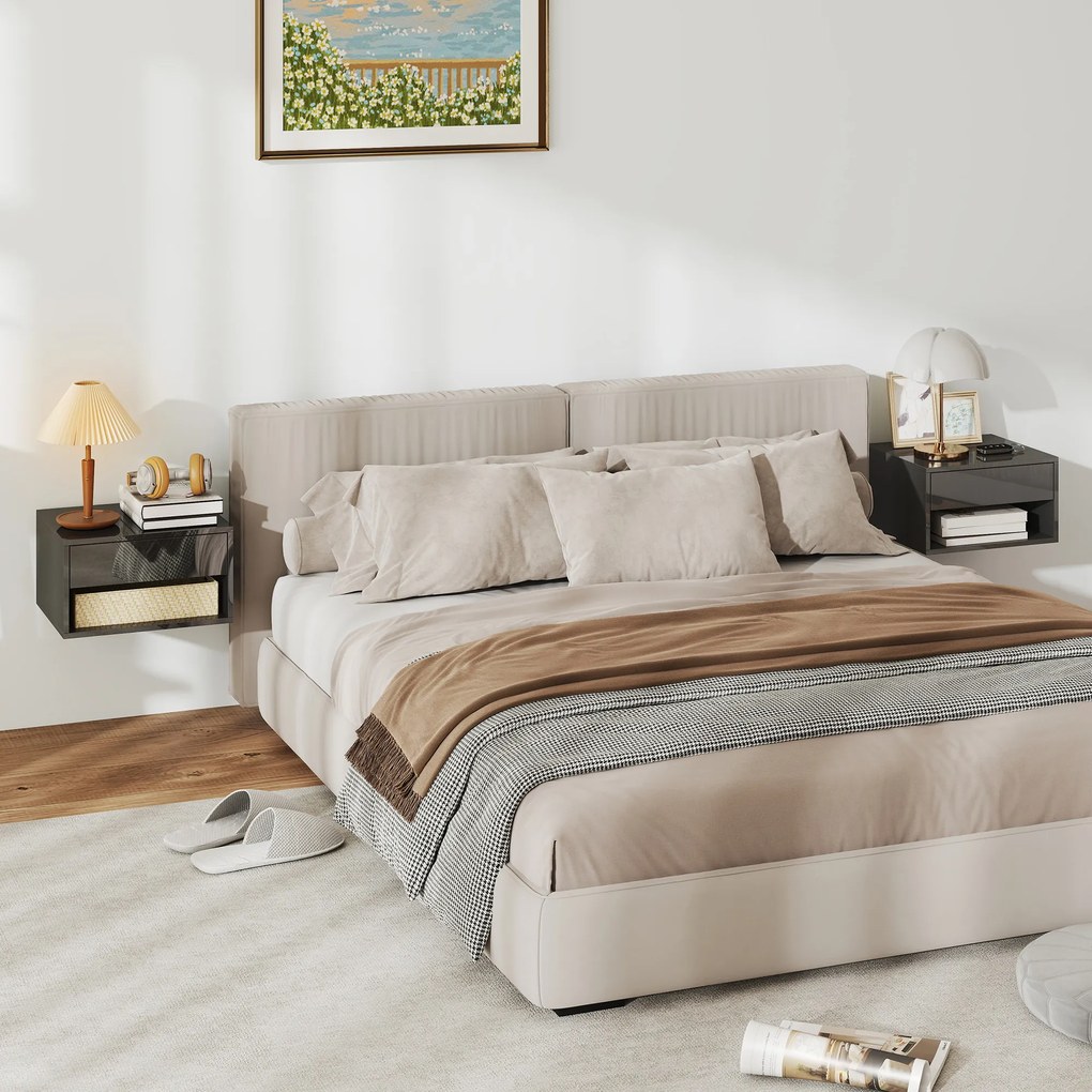 HOMCOM Set de 2 Noptiere suspendate Noptiere cu sertar pentru dormitor 37x32x21 cm Negru lucios | Aosom Romania