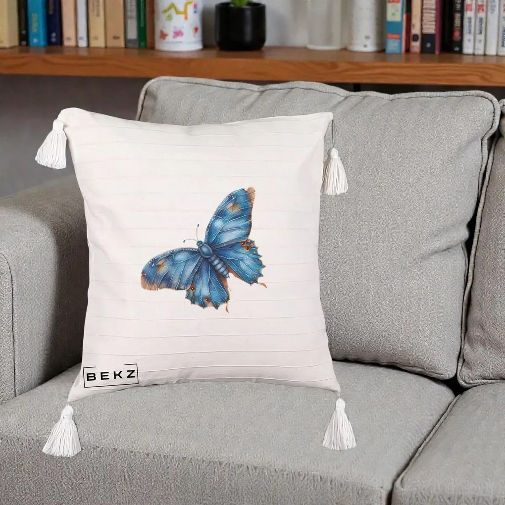 Perna Decorativa Fluture Albastru Satin cu Pete Aurii, 40x40 cm, Bej cu Franjuri, Husa Detasabila, Perna Inclusa, BEKZ®