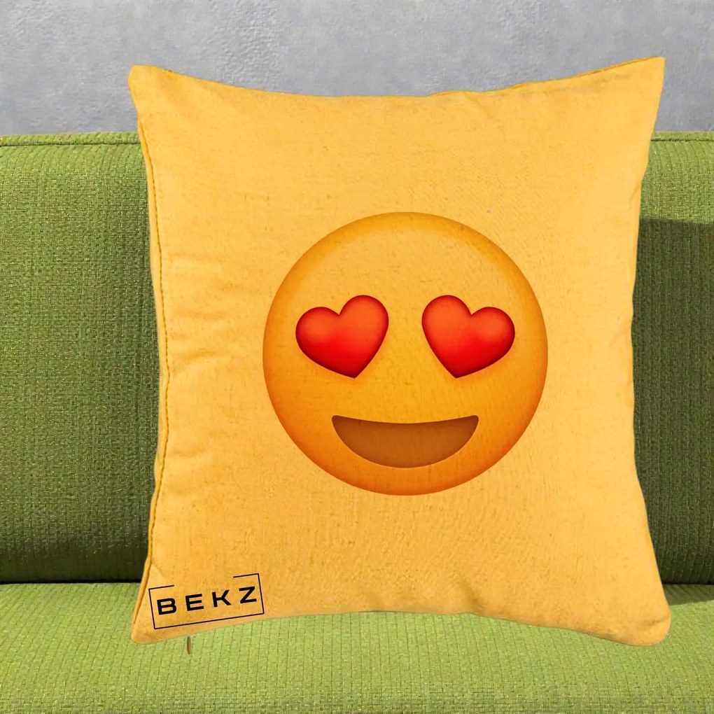 Perna Decorativa Emoji Inimi in Ochi, 40x40 cm, Galben, Husa Detasabila, Perna Inclusa, BEKZ®
