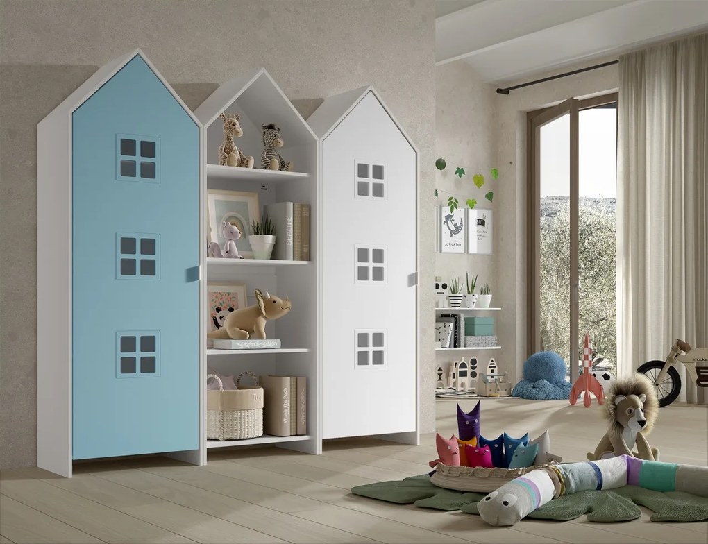 Set 3 dulapuri pentru copii Casami tip colibă de plajă – 1 deschis, 1 cu ușă Albastru și 1 cu ușă albă – Vipack