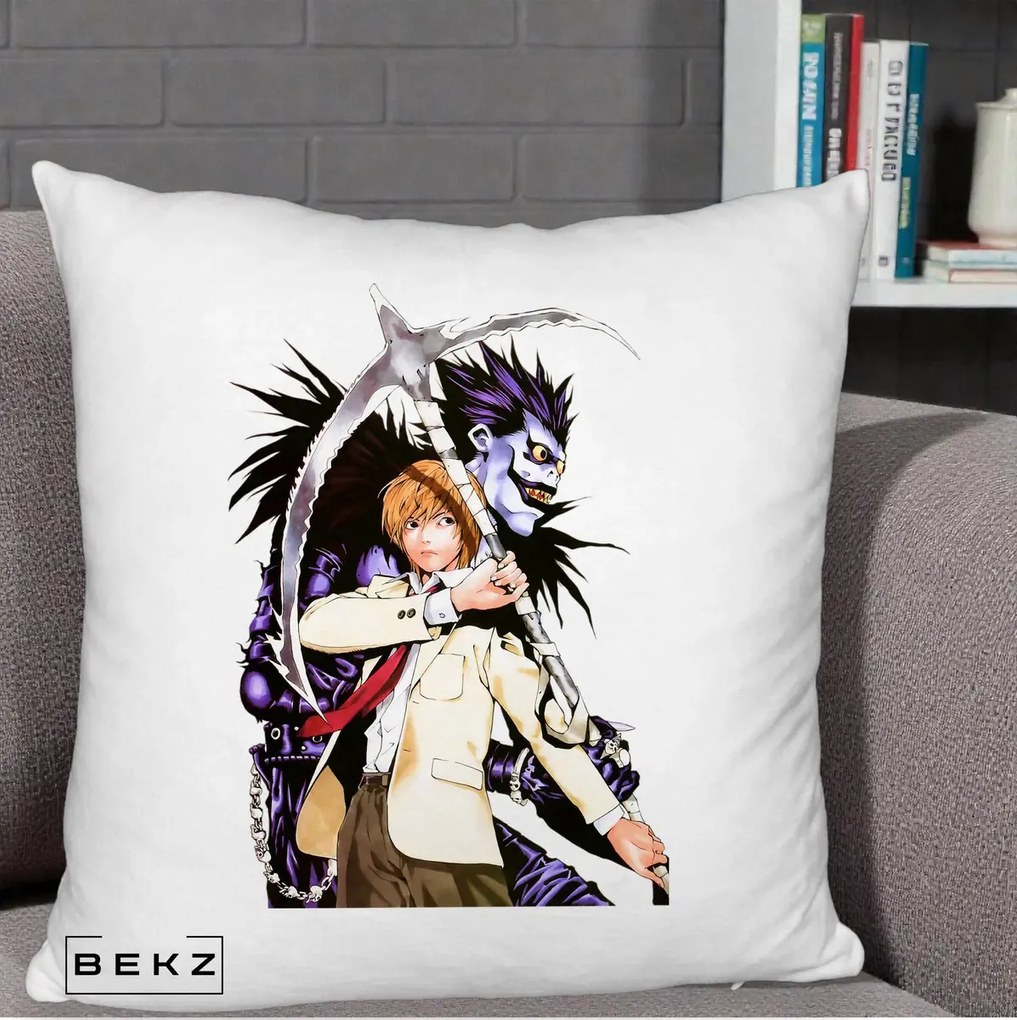 Perna Personalizata Death Note Light si Ryuk Duo, 40x40 cm, Alb Pufos, Husa Detasabila, Perna Inclusa, BEKZ®