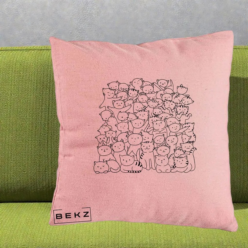 Perna Personalizata Many Cats Pattern Alb-Negru, 40x40 cm, Roz, Husa Detasabila, Perna Inclusa, BEKZ®