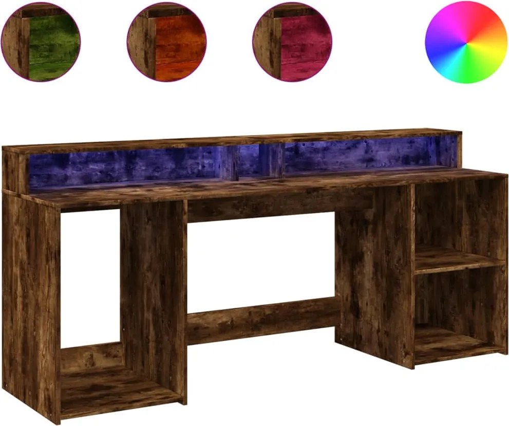 vidaXL Birou cu lumini LED stejar fumuriu 200x55x91 cm lemn prelucrat