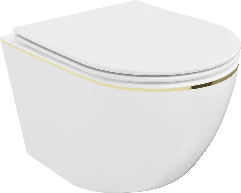 Mexen Lena toaletă WC fără margini cu scaun cu închidere lentă, subțire, duroplast, albă/linie aurie - 30224005