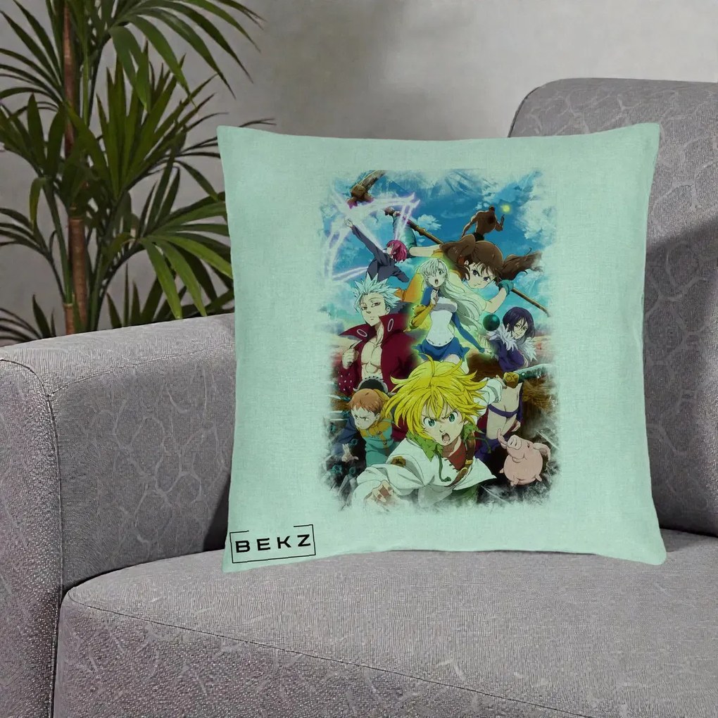 Perna Personalizata Nanatsu no Taizai Cele Sapte Pacate Mortale Anime, 40x40 cm, Verde Menta, Husa Detasabila, Perna Inclusa, BEKZ®