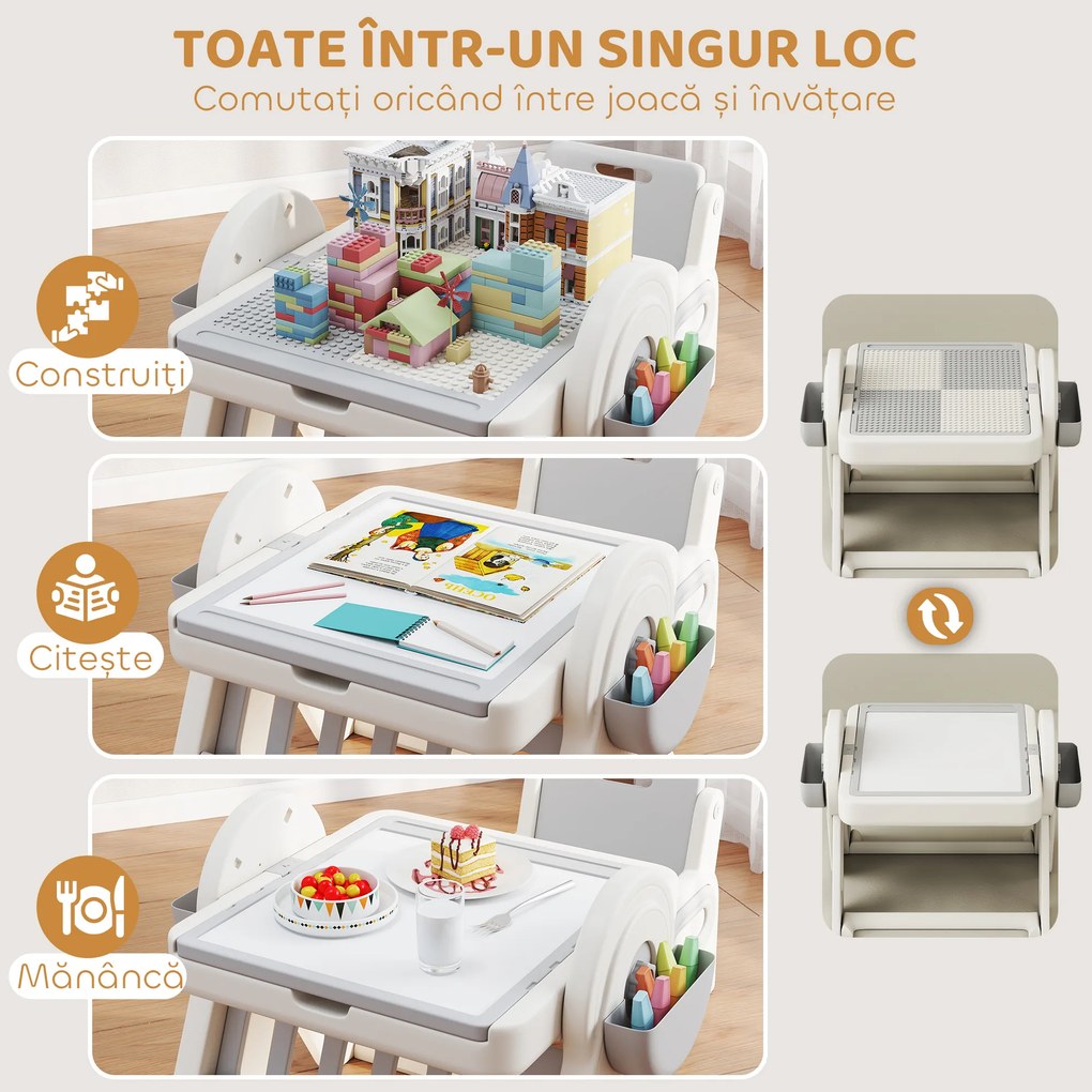 AIYAPLAY Set Masă și Scaun pentru Copii 3 în 1 cu Masă de Construcție, Tablă, Suport Convertibil și Containere, Masă Multiactivitate cu Scaun de Plastic pentru Copii 2-4 Ani pentru Cameră Copii | Aosom Romania