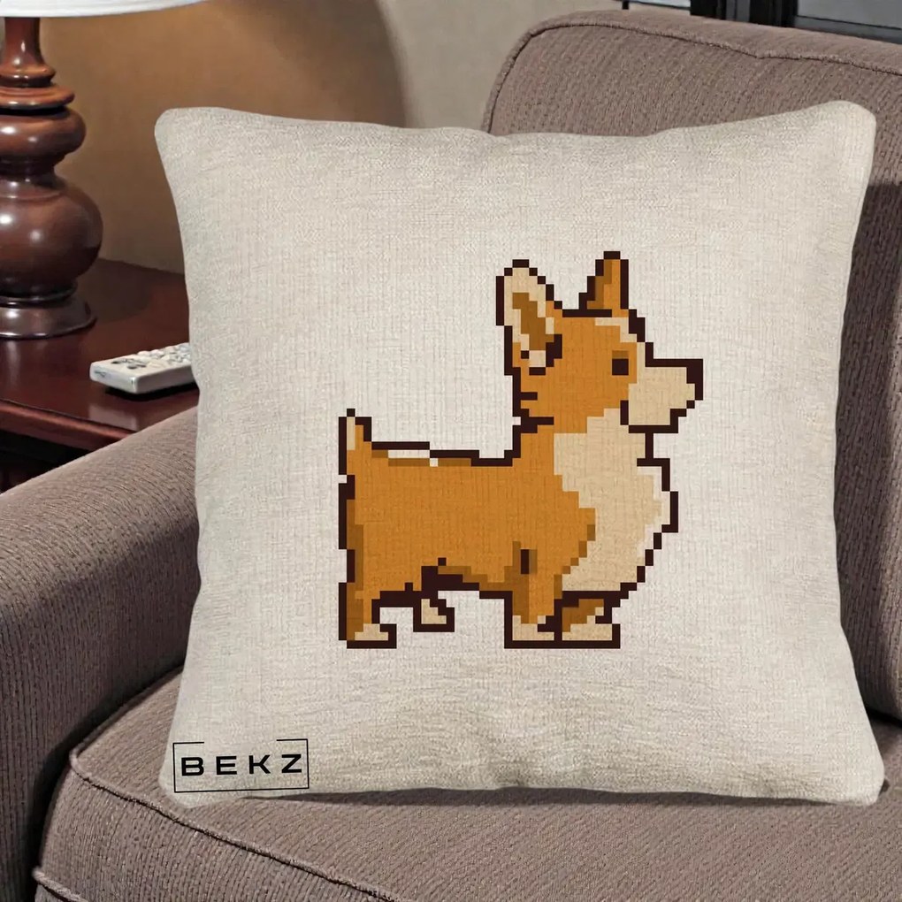 Perna Personalizata Corgi Pixel Art, 40x40 cm, Bej Canapea, Husa Detasabila, Perna Inclusa, BEKZ®