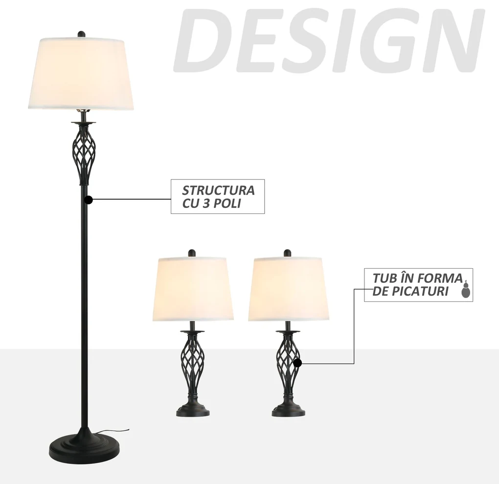 HOMCOM Set 3 Lampi pentru Interior (2 de Masa si 1 de Podea), Design Modern, pentru Living sau Dormitor | Aosom Romania