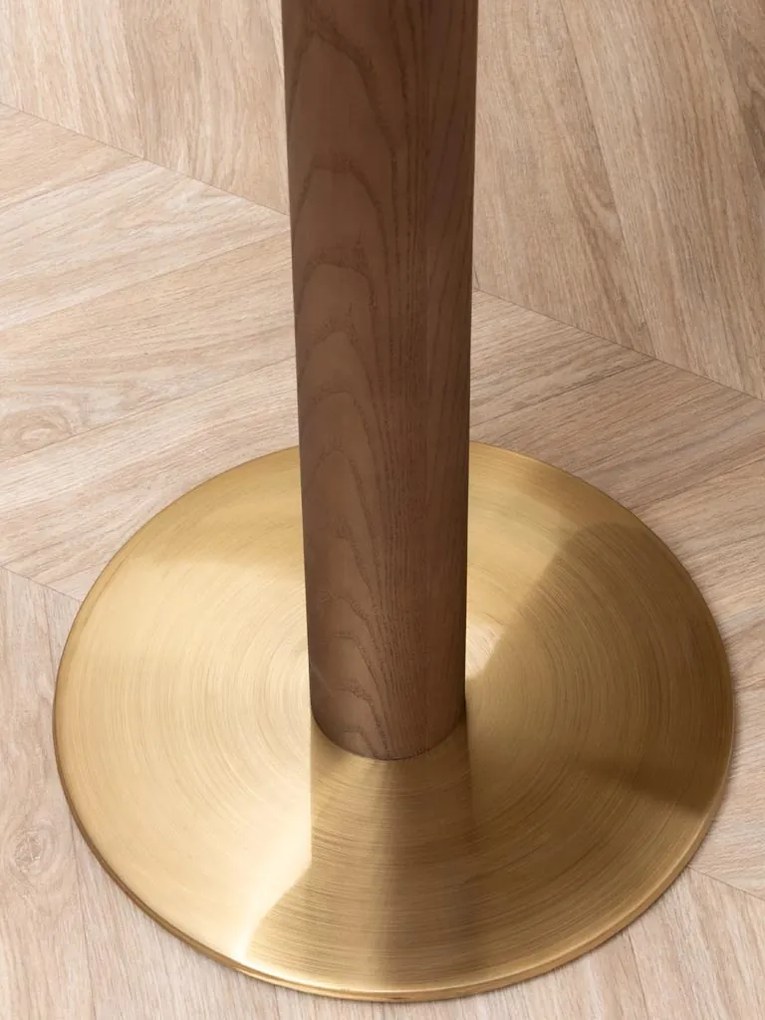 Masă bar din lemn de stejar și metal, ovală, cu picior disc auriu, natur, finisaj satinat, 160×60×107 cm, „Barrio"