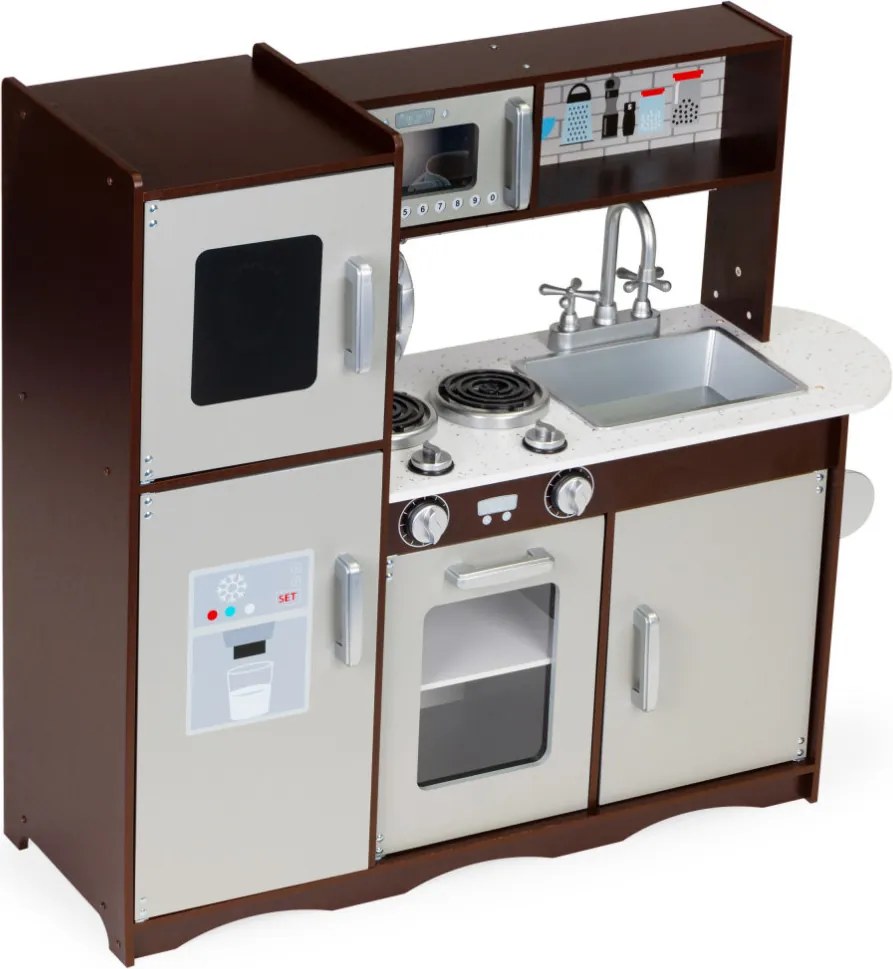 Bucătărie pentru copii din lemn cu dulapuri și frigider