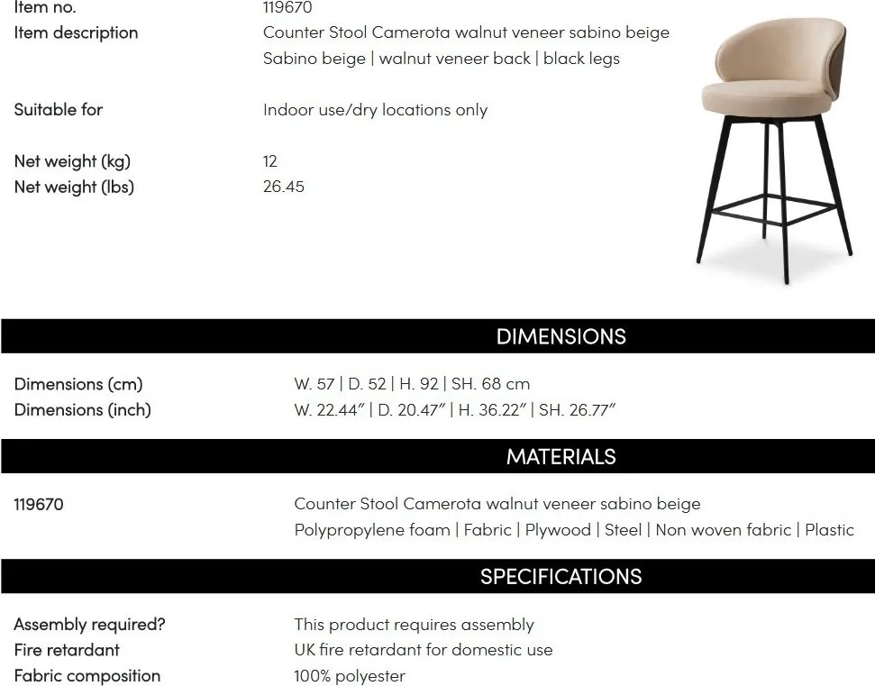 Scaun de bar design elegant LUX Camerota, Sabino beige