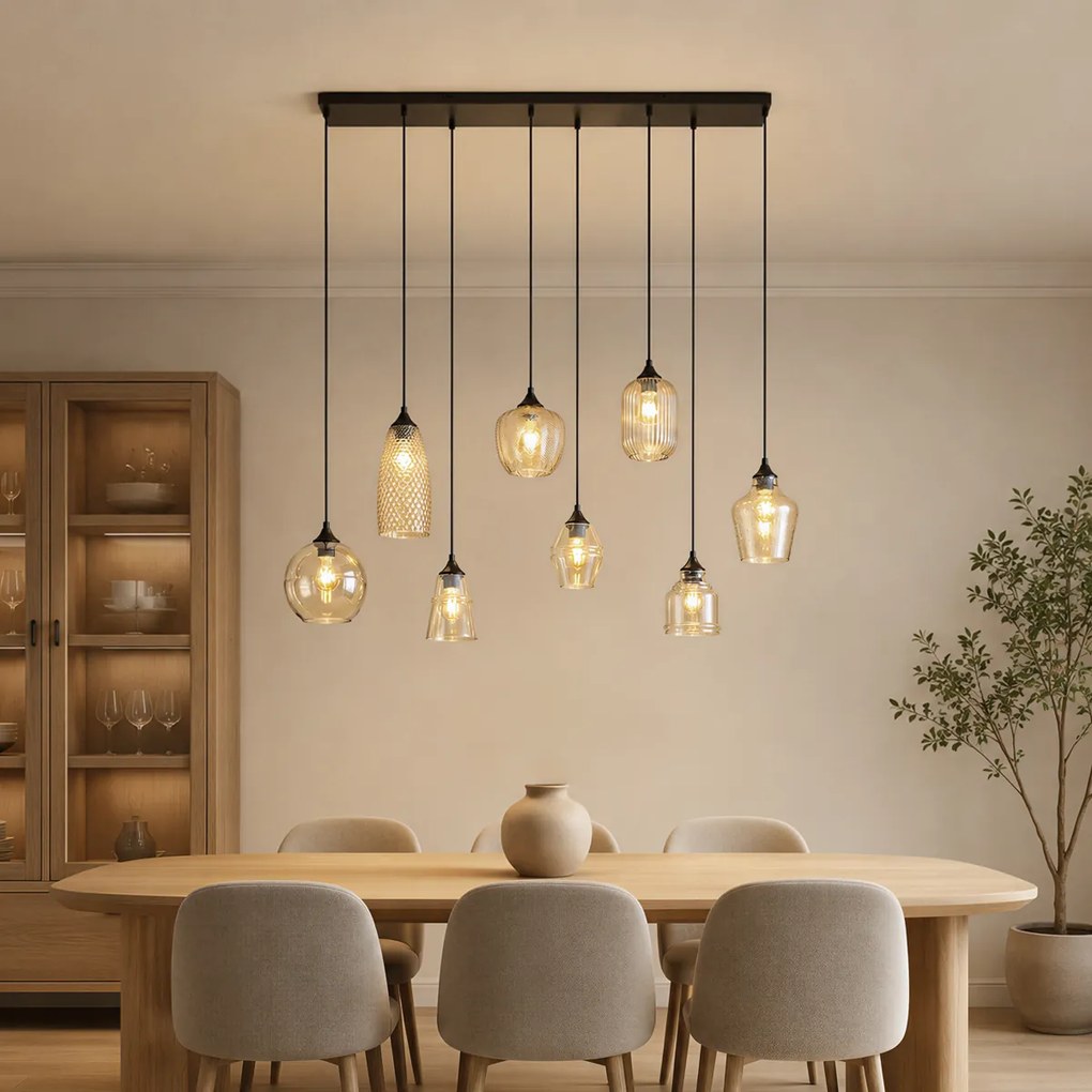 Lampa suspendată Art Deco neagră cu sticlă ambră cu 8 lumini - Hanne