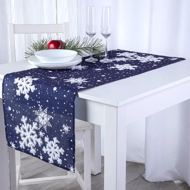 Traversă masă Crăciun albastru, FULGI DE ZĂPADĂ, 40 x 110 cm