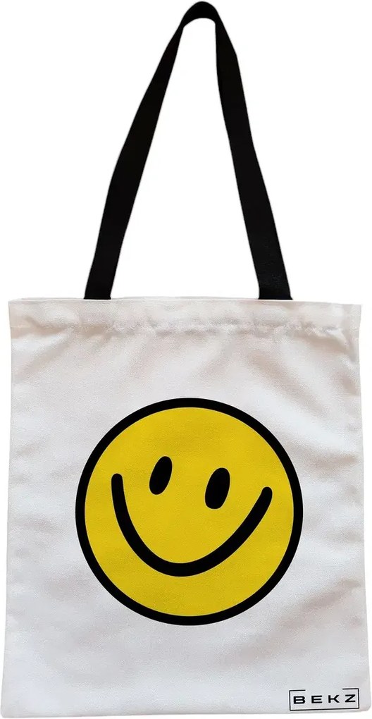 Sacosa de Panza pentru Cumparaturi, Geanta Tote, model Happy Smile, Cu fermoar, 38x34.5 cm, Alba, BEKZ®