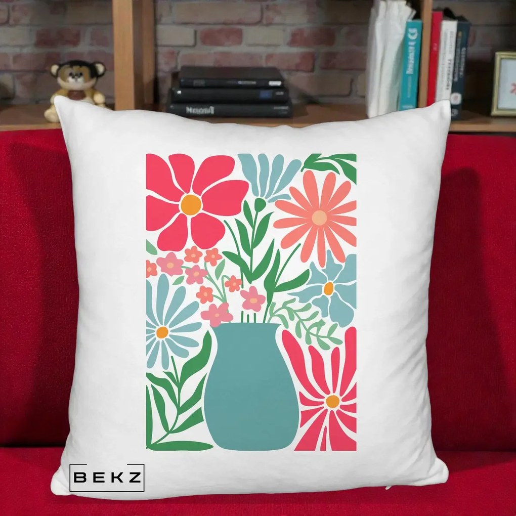 Perna Decorativa Flori in Vaza Turcoaz, 40x40 cm, Alb Pufos, Husa Detasabila, Perna Inclusa, BEKZ®