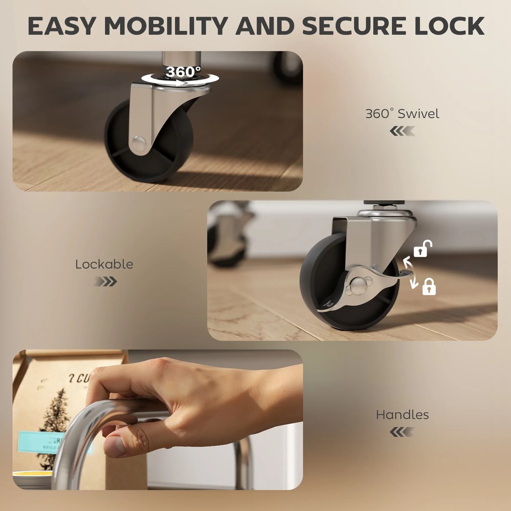 HOMCOM Cărucior de Bucătărie din Oțel Inoxidabil cu 4 Nivele și Rafturi Reglabile - Argintiu | Aosom Romania