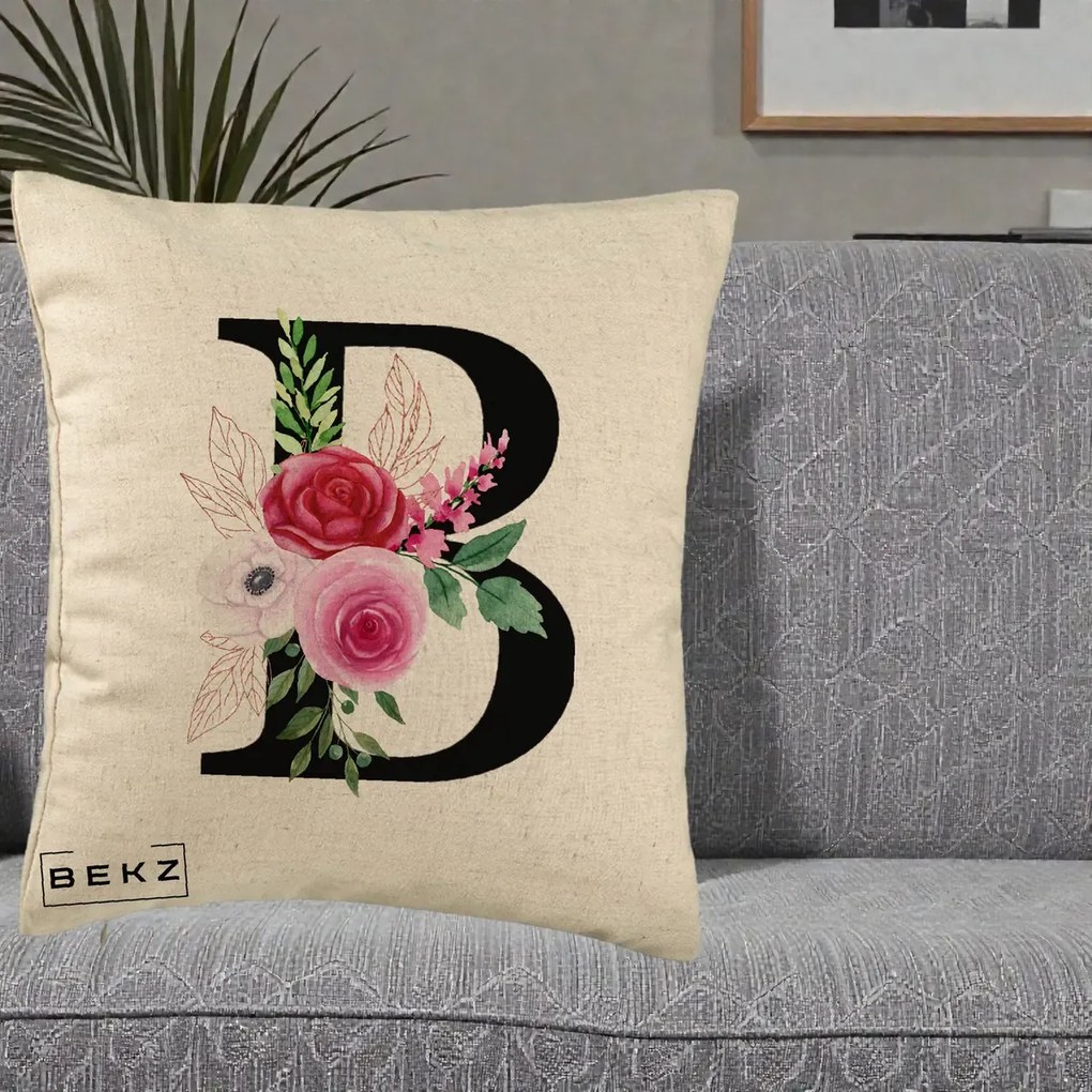 Cadou Personalizat - Perna Personalizata Monograma Florala Litera B, 40x40 cm, Bej, Husa Detasabila, Perna Inclusa, BEKZ®