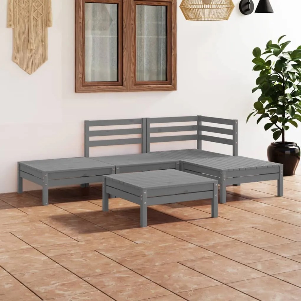 Set mobilier de gradina, 5 piese, gri, lemn masiv de pin Gri, 1