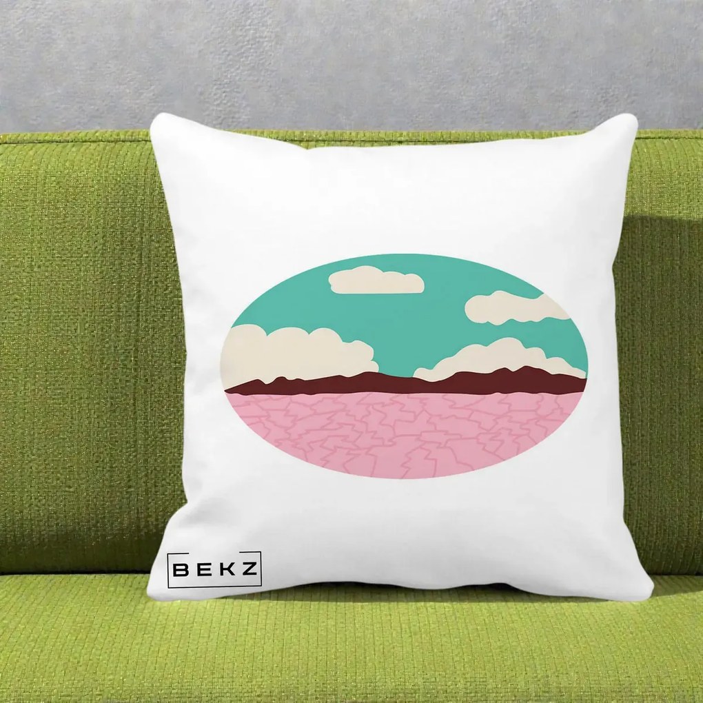 Perna Decorativa Peisaj Desert Oval Pastel, 40x40 cm, Alba Mata, Husa Detasabila, Perna Inclusa, BEKZ®