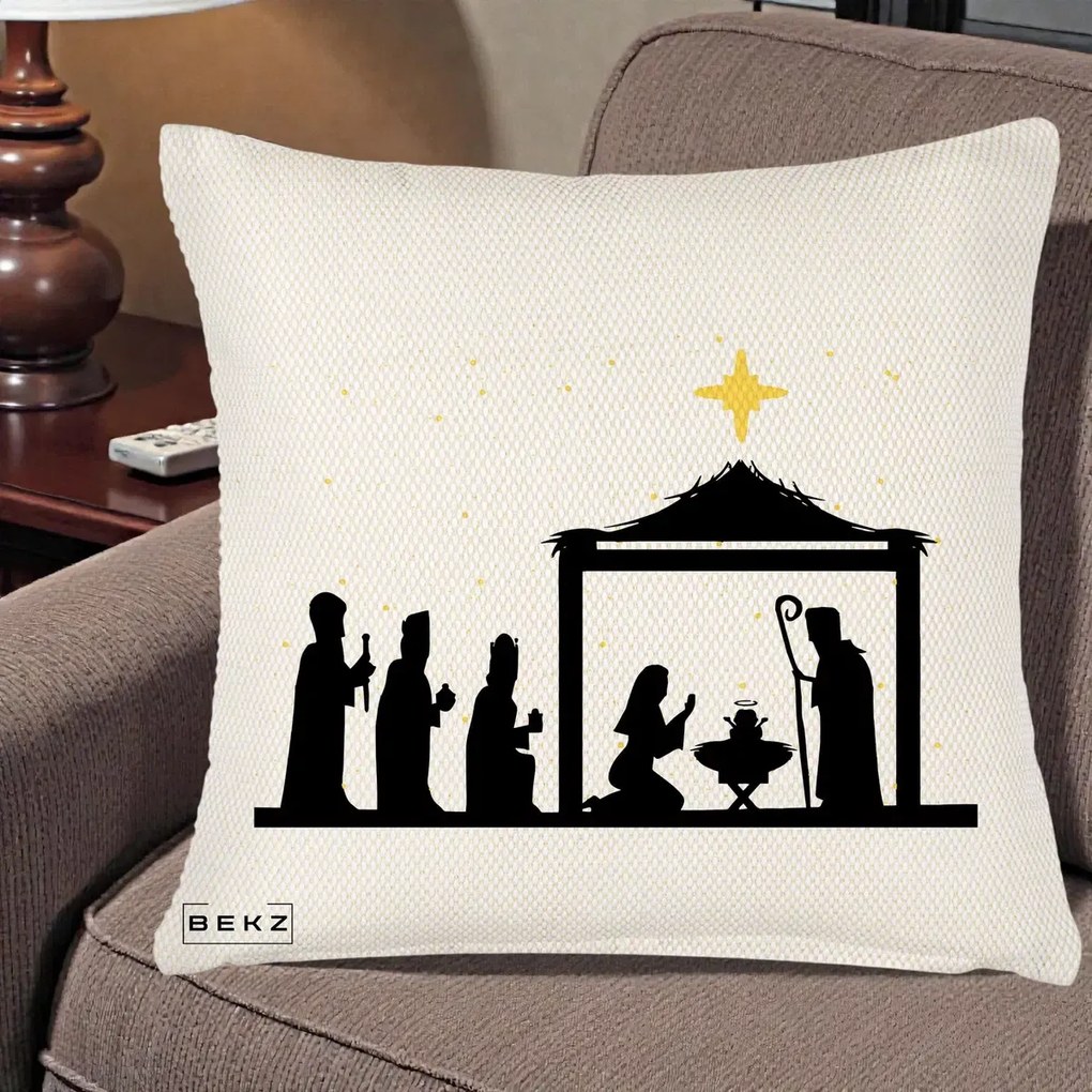 Perna Decorativa Nasterea Pruncului Silueta Neagra si Stea Aurie, 40x40 cm, Crem Reliefat, Husa Detasabila, Perna Inclusa, BEKZ®