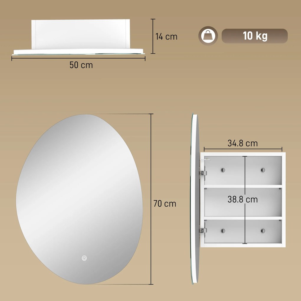 HOMCOM Dulap Baie LED, Anti-Condens, Iluminare Reglabilă 3 Tonuri, Alb, Montare pe Perete | Aosom Romania