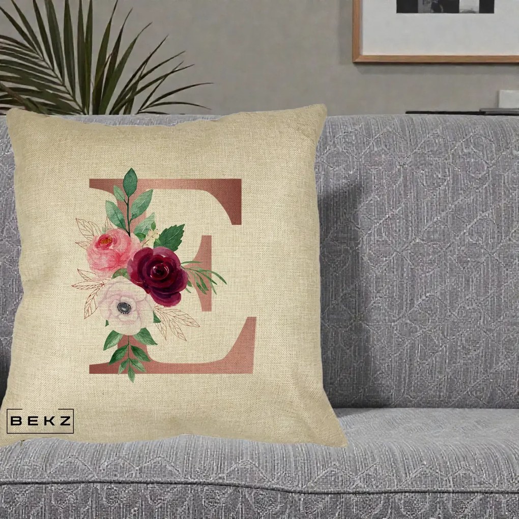 Cadou Personalizat - Perna Personalizata Monograma Rose Gold Litera E, 40x40 cm, Crem, Husa Detasabila, Perna Inclusa, BEKZ®