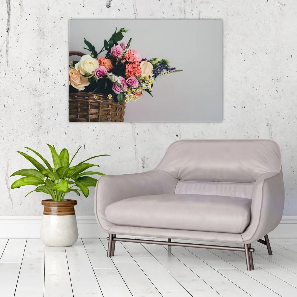 Tablou cu coș și flori (90x60 cm)