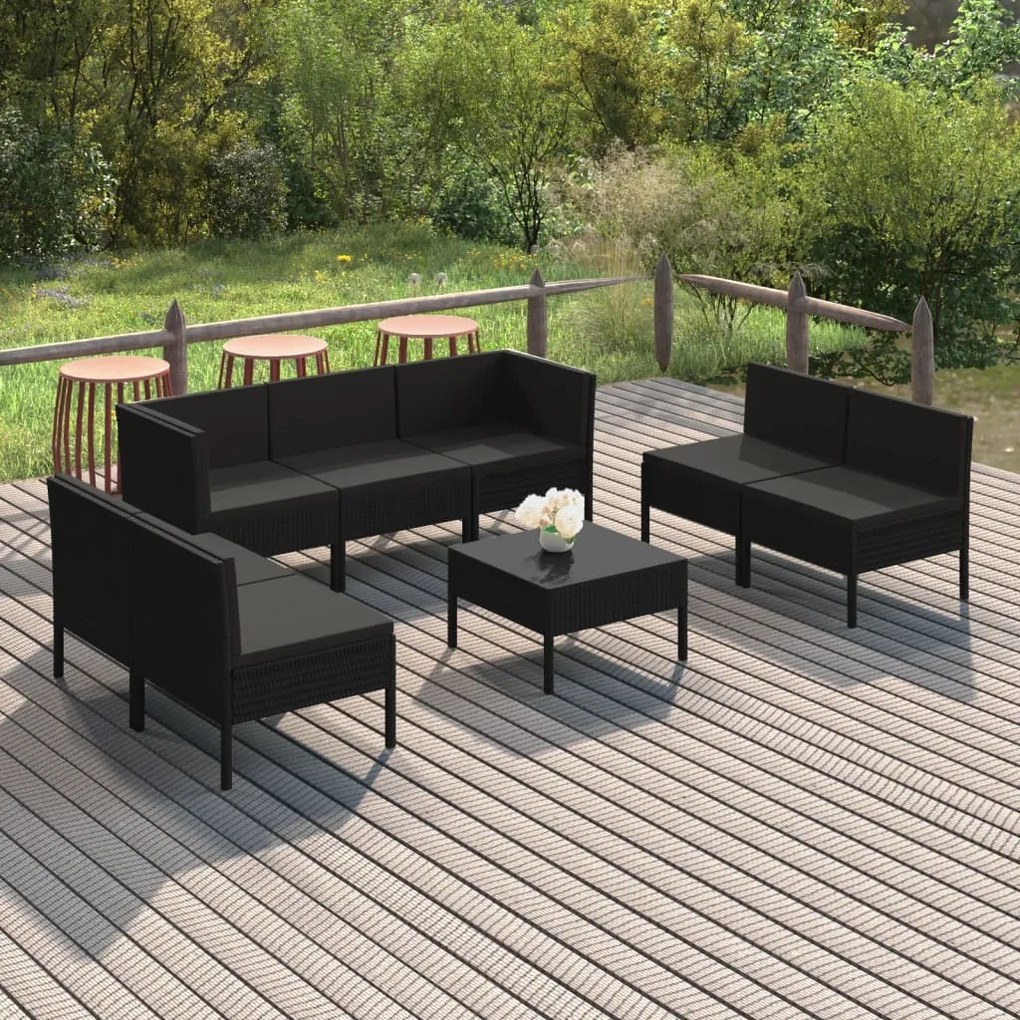 3094357 vidaXL Set mobilier de grădină cu perne, 8 piese, negru, poliratan