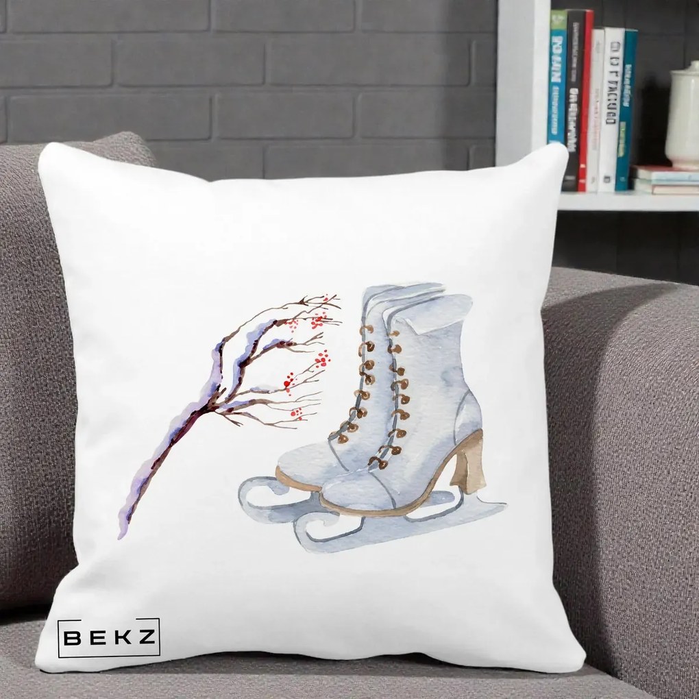 Perna Decorativa Patine cu Ramuri Inzapezite, 40x40 cm, Alba Mata, Husa Detasabila, Perna Inclusa, BEKZ®