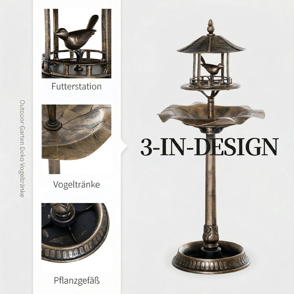 Outsunny Baie pentru păsări, adăpătoare și ghiveci 3 în 1 dim. Ø 50 x 113H cm polipropilenă bronz antic | Aosom Romania