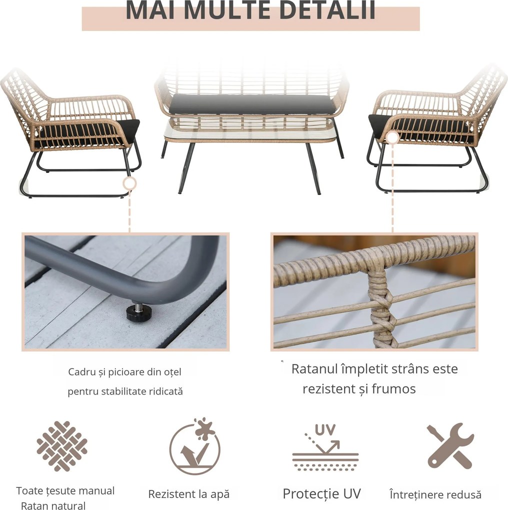 Outsunny Set Canapele pentru Veranda, 4 Piese, Ratan Natural, Design Sofisticat, Ideal pentru Relaxare si Petreceri in Aer Liber | Aosom Romania