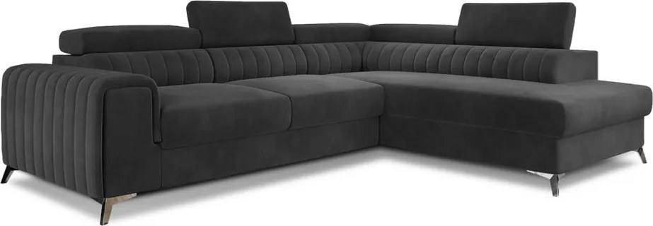 Colțar gri închis extensibil/cu spațiu de depozitare cu tapițerie din catifea (cu colț pe partea dreaptă/în formă de ”L”) Laurence – ELTAP