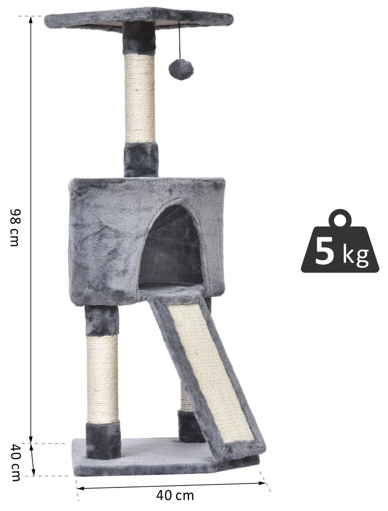 PawHut Arbore pentru Pisici Compact, Design cu Frânghie Sisal pentru Zgâriat, Gri, 40x40x98cm | Aosom Romania