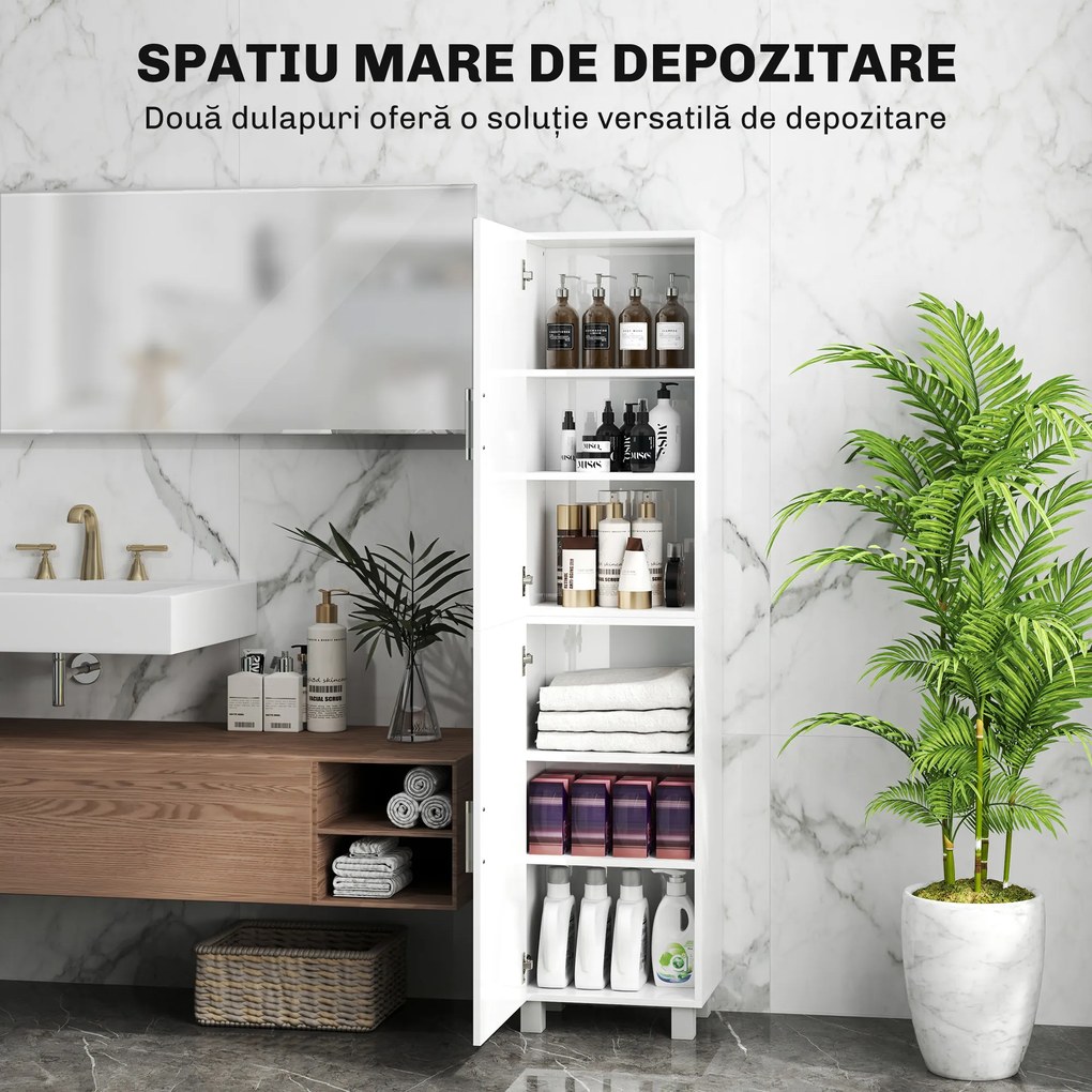 HOMCOM Dulap Baie Modern, Dulap Înalt de Baie cu Două Uși și Rafturi Reglabile din Lemn, 40x30x167,5 cm, Alb Lucios | Aosom Romania