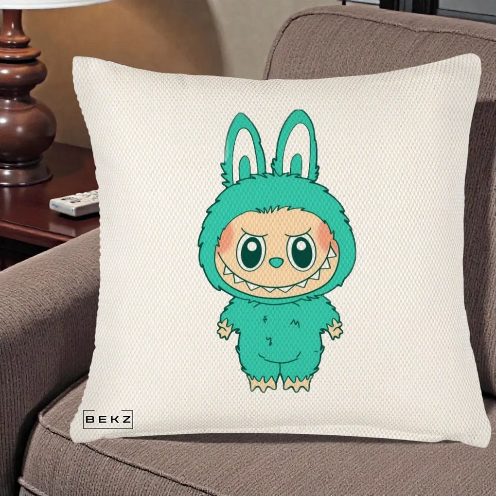 Perna Personalizata Labubu Turcoaz, 40x40 cm, Crem Reliefat, Husa Detasabila, Perna Inclusa, BEKZ®