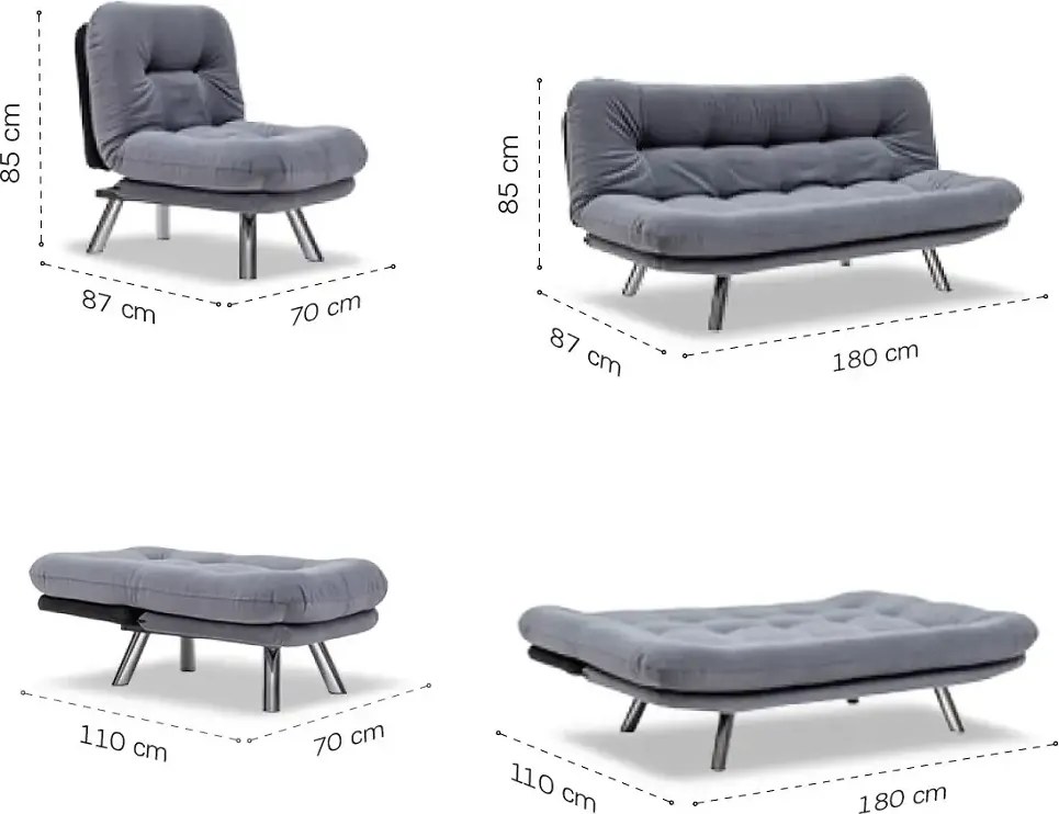 Set canapea extensibila 3 locuri si 1 fotoliu extensibila ,living, 180x110 cm – stofa, gri – Merburn