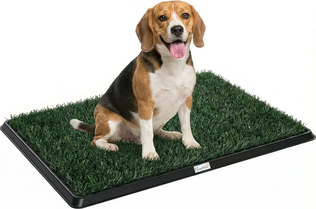 PawHut Toaletă pentru câini 76 x 50,5 cm cu 2 gazonuri artificiale lavabile, toaletă pentru căței pentru câini, pentru balcon și acasă Negru+Verde | Aosom Romania