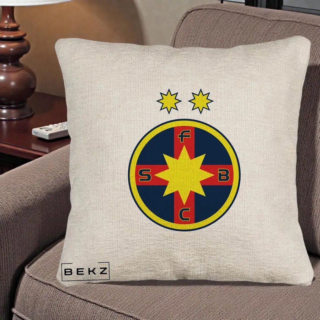 Perna Personalizata FCSB Fotbal Club Steaua Bucuresti, 40x40 cm, Bej Canapea, Husa Detasabila, Perna Inclusa, BEKZ®