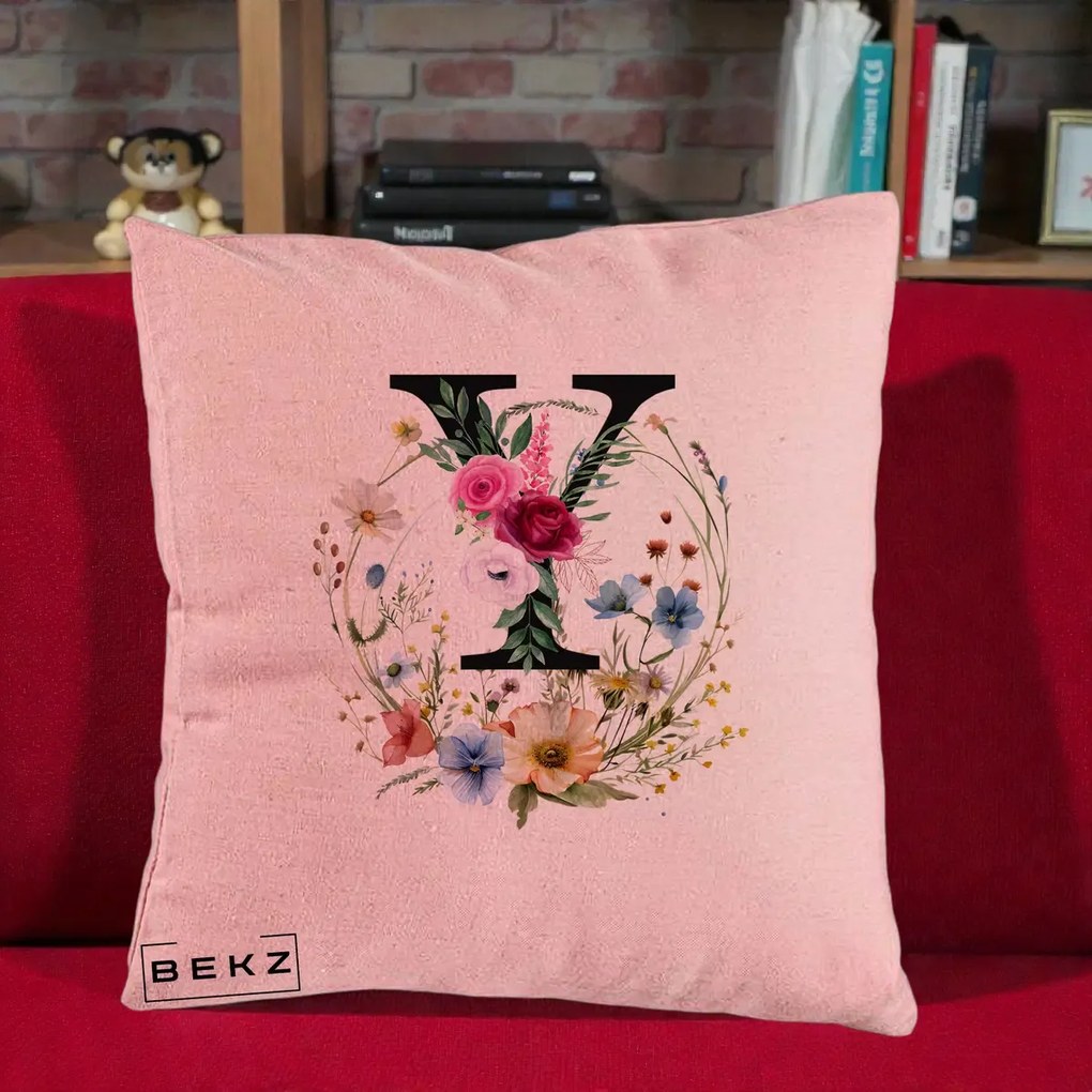 Cadou Personalizat - Perna Personalizata Monograma Florala Litera Y cu Coroana, 40x40 cm, Roz, Husa Detasabila, Perna Inclusa, BEKZ®