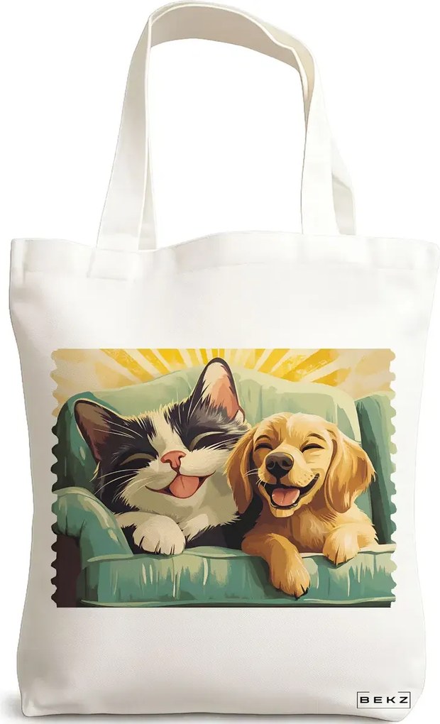 Sacosa de Panza pentru Cumparaturi, Geanta Tote, model Best Friends Cat and Doggo 38 x 34.5 cm, Alba, BEKZ®