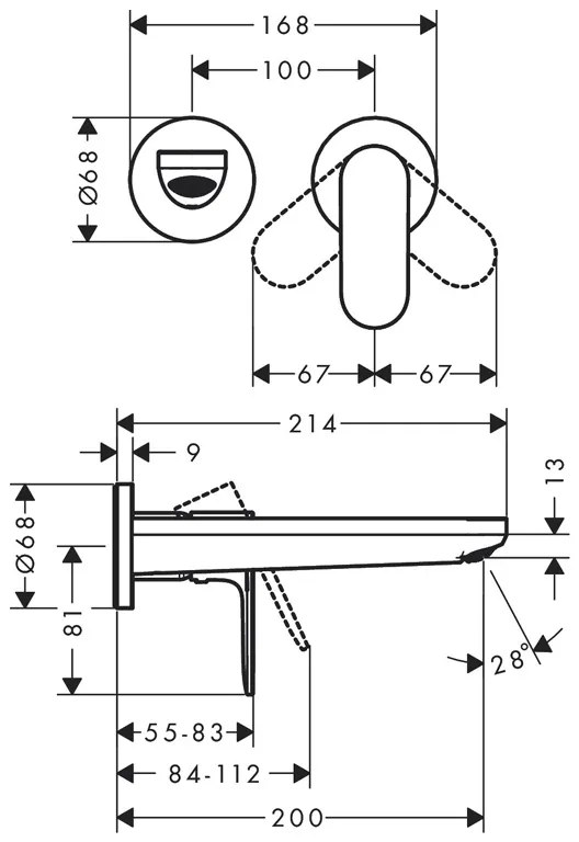 Baterie lavoar Hansgrohe, Rebris S, cu montaj pe perete, parte vizibila, negru mat