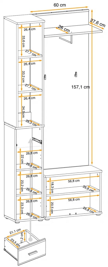 Mobilier hol cuier cu pantofar si raft etajera si perna inclusa, gri grafit  stejar artisan cu model riflaj, 90 cm lungime x 203 cm inaltime x 32 cm