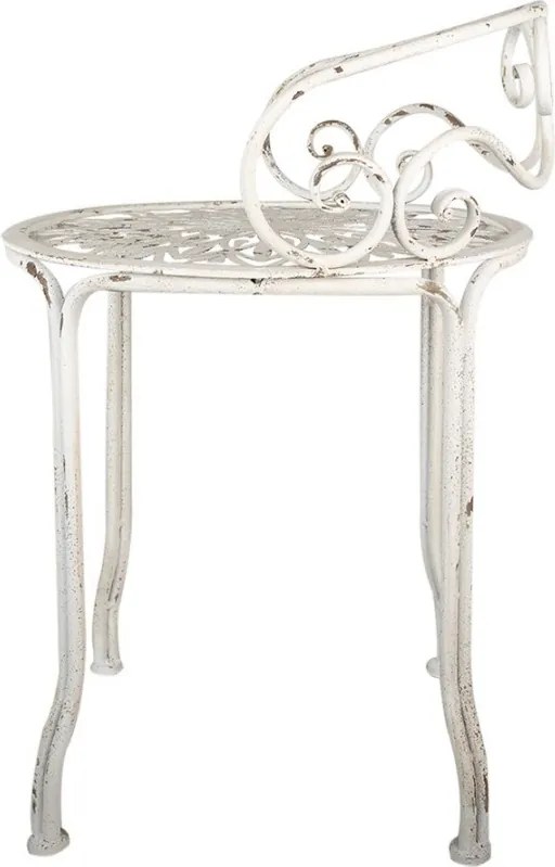 Taburet din metal, alb, cu spătar în spirale și șezut decupat floral, finisaj antichizat, 67 x Ø 44 cm, „Volute”