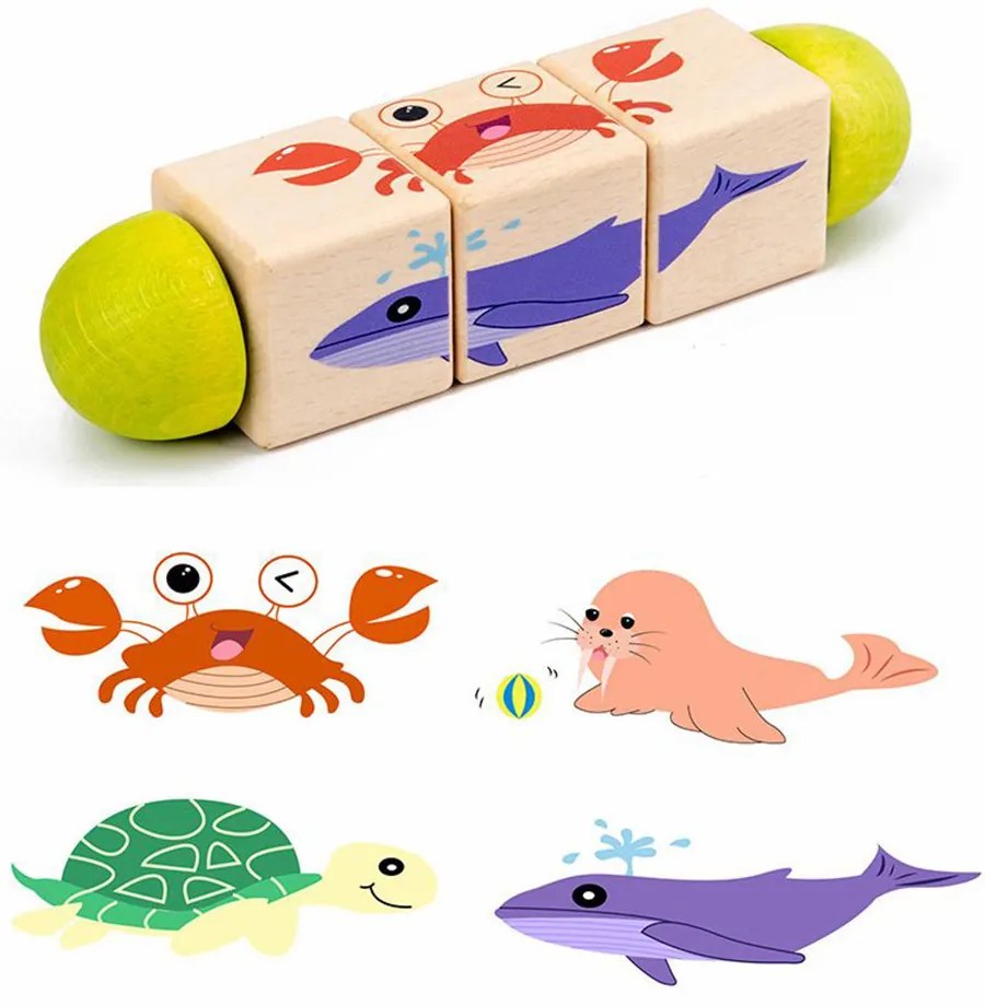 Mini puzzle cu cilindri cu animale, jucărie din lemn Montessori